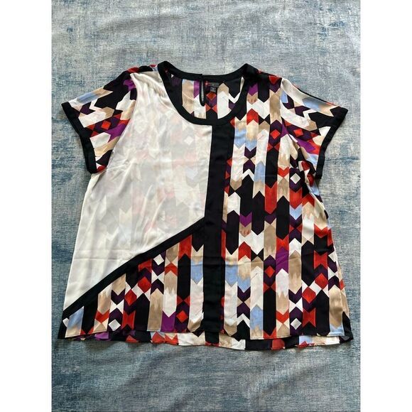 Worthington Tops - Worthington Ivory Black Cream Blue Red Geometric Chevron Short Sleeve Blouse 3X